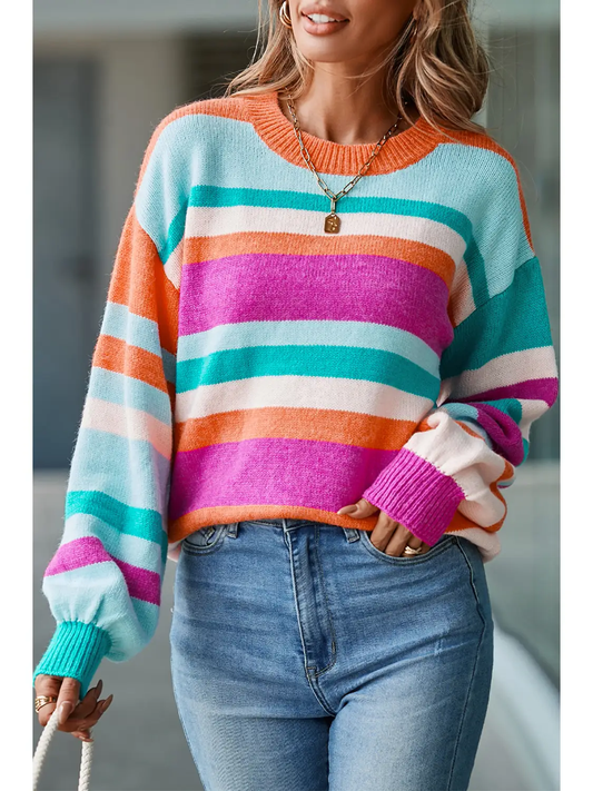 Multicolor Striped Knit Drop Shoulder Puff Sleeve Sweater